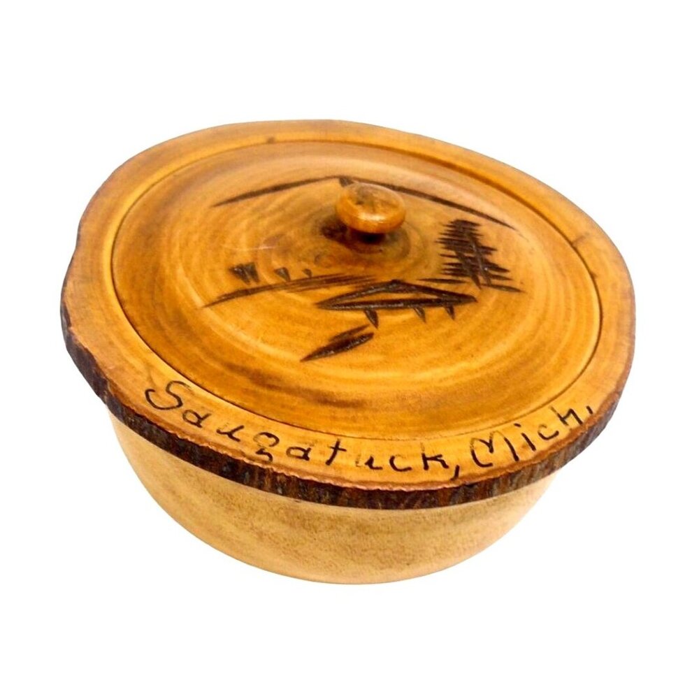 Vintage Handcrafted Wooden Lidded Bowl Saugatuck Mich Made in Japan Rustic Decor